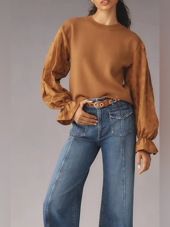Anthropologie Sweaters - Anthropologie Mixed Media Eyelet Puff Sleeve Sweater Size L